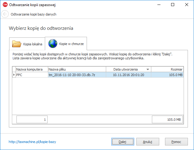 kopie przywracanie z chmury