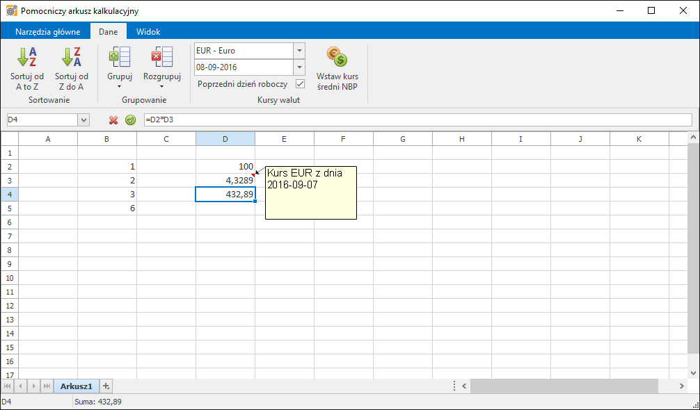 arkusz pomocniczy waluta