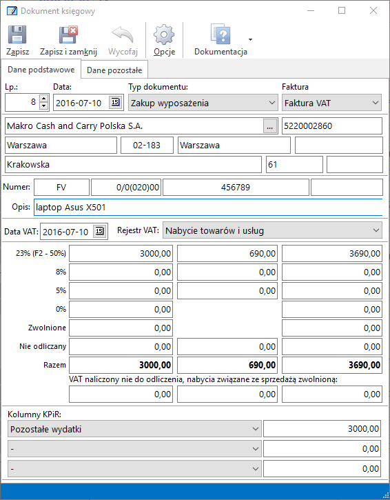 Księgowanie nabycia wyposażenia w KPiR w programie TaxMachine 2