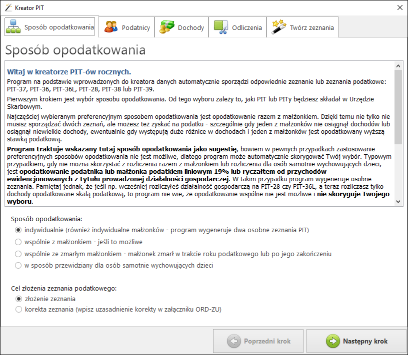 Krok 1 — wybór sposobu opodatkowania