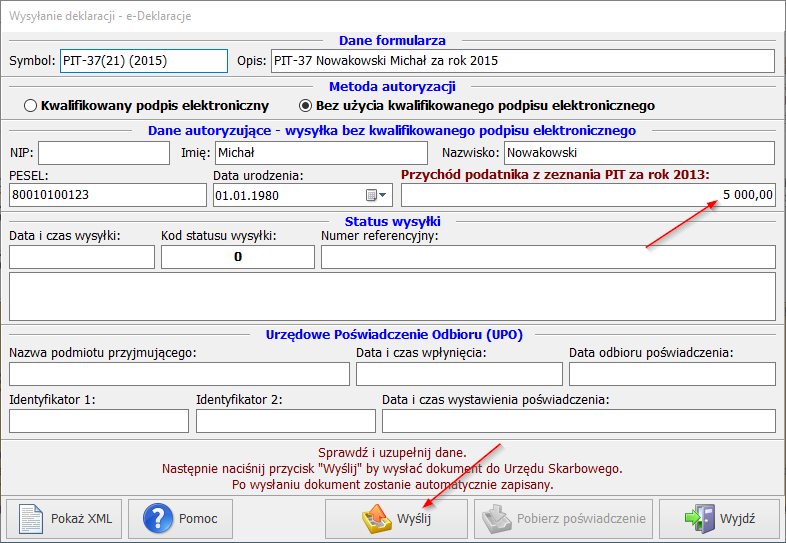 Wysyłka do systemu e-Deklaracje