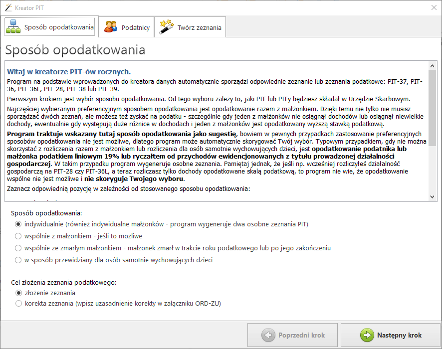 Kreator PIT — wybór sposobu opodatkowania