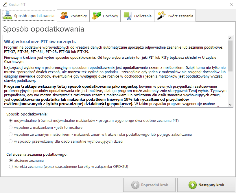 Kreator PIT — zakładki
