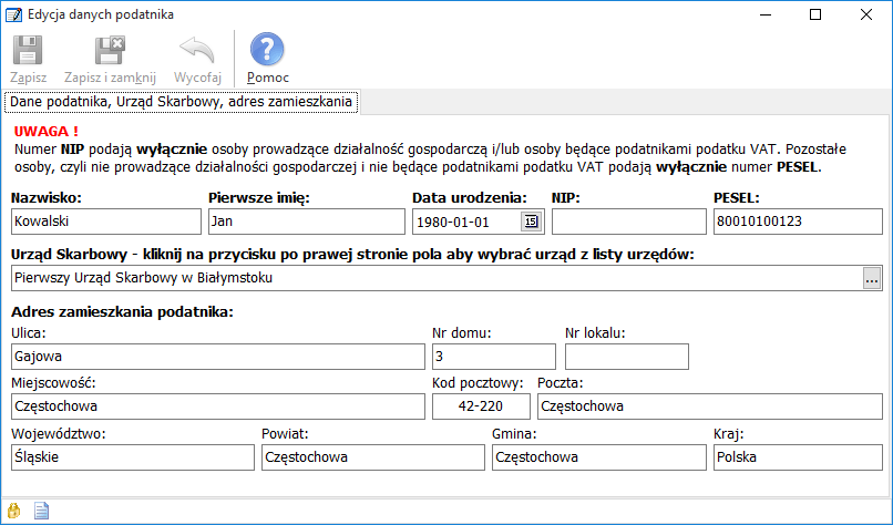 Edycja danych podatnika