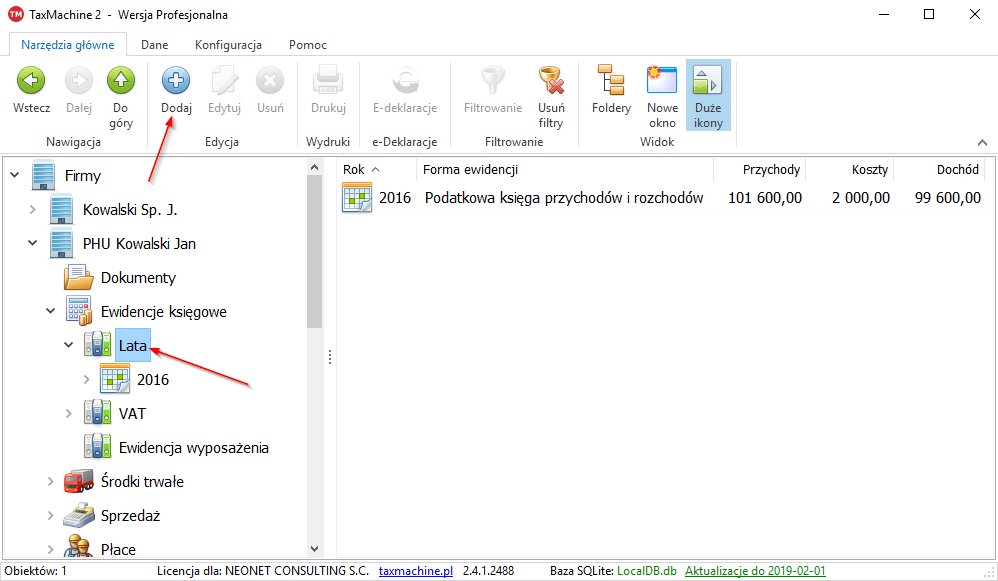dodawanie lat podatkowych