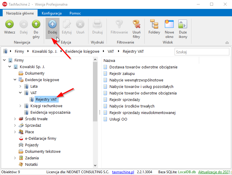 rejestry vat dodawanie